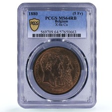 Belgium 5 francs 50 Years Constitution Leopold I II MS 64 PCGS copper coin 1880