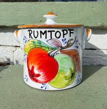 Vintage Pottery Lidded Hand Painted Rumtopf Jar with Handles
