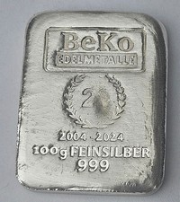 BeKo Precious Metals 100 Gram Silver Bar 999 Fine Silver Cast Anniversary Bar