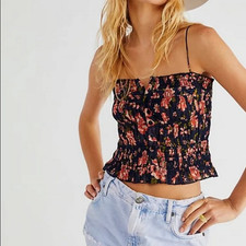 Free People Hand Printed Meridian Corset Top Fp One Buttondwon Smocked Crop M