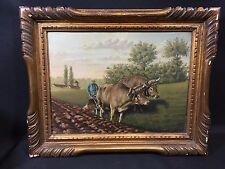 SCÈNE AGRICOLE  19èm tableau ancien peinture France vache bœuf charrue paysan 