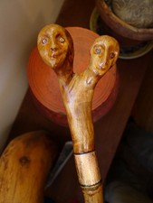 ++ Curiosité 86cm Canne Buis Bambou Pommeau Visage Double Face Art Populaire ++