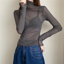 Women Mesh Sheer Blouse Tops Shirts Long Sleeve Sexy Turtleneck See through