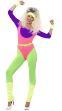 Smiffys 80s Work Out Costume, with Jumpsuit, Neon (Size S)