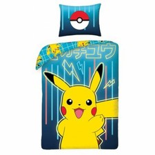 Pokemon Pikachu Housse Couette Simple Set 100% Coton Ue Taille Bleu Réversible