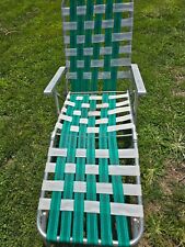 Vintage Lawn Chair Reclining Aluminum Folding Chaise Lounge Webbed White Green