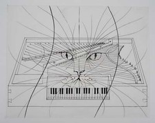Pierre-Yves TREMOIS: Le cat au piano, original engraving