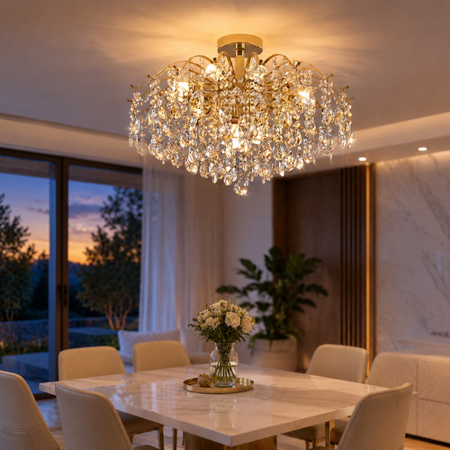Lustre cristal doré led - lustre,