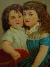 Antique Chromo Antique Image Two Young Girl Red Velvet Armchair.  93a