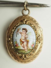 PENDENTIF PLAQUE OR PORTE PHOTO PUTTI EMAILLE ANTIQUE GOLD PLATE ENAMELED PENDAN
