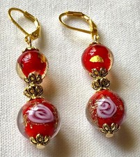 ⭐️Création , boucles d’oreilles perles verre Murano rouge paillettes or 🌟