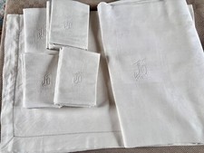 Antique Linen Serving Tablecloth + 12 Towels Damask White Central Monogram JO