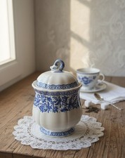 Vintage Gien France Blue and White Earthenware Spice Pot Sugar Bowl