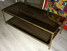 Maison JANSEN Brass Bronze Coffee Table Mercury Smoked Glass Top
