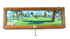 vintage cartoon oil painting on wood boy swinging in city park illustration art