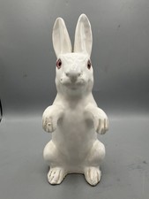 Antique French Bavent Faience Terra Cotta Bunny Rabbit Pink Glass Eyes 10"