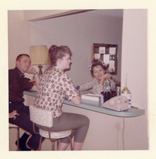 Vintage Photo Woman in Curlers Pink Rotary Phone Formica Chair Cocktail Bar