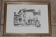 Dessin encre lithographie Relais Tour Perouges 69 numérotée signée architecture