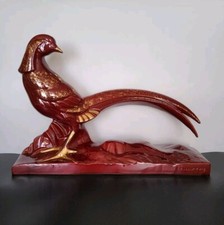 Statue sculpture faisan en céramique émaillée rouge dorée Lemanceau Art Déco