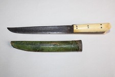 Antique Cretan Knife Greece Steel Engraved 1899 Foliage Bone Handle Green Leather Case
