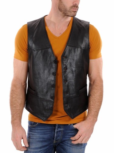 Manteau gilet cuir fin noir - gilet, en