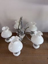 Lustre Suspension 5 Branches En Opaline Et Métal Chromé Art Déco Vintage