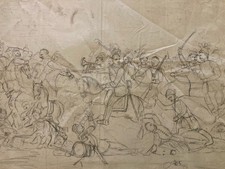 Grand Dessin D’Enfant 1854 Xixe  Art Brut Chevalier Cheval Chevaux Bataille