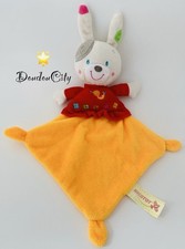 5379🌟Doudou lapin Rabbit plat Mouchoir rouge orange oiseaux  fleurs Nicotoy