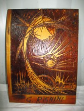 PLAQUE VINTAGE EN BOIS PYROGRAVÉE ART MODERNE 70'S-DE GIORDANO RIGHINI-