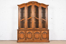 Drexel Heritage French Provincial Carved Oak Lighted Breakfront Bookcase Cabinet
