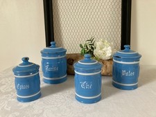 825⚜️ Old Series of 4 Vintage Blue Enameled Sheet Metal Spice Jars