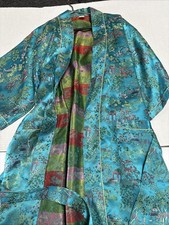 Vintage Satin Brocade Turquoise EmbroideredDressing Robe Lounge Kimono Size S
