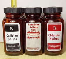 6 Vintage Mallinckrodt Pharmacy Bottles Only Amber Glass EMPTY 3 Red Labels