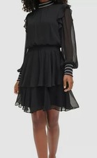 Karl Lagerfeld Paris Women's Black Smocked Tiered Mock Neck Dress Size 14