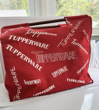Tupperware Red Bag Canvas Wood Handles Vtg Branded Satchel ZipPocket Taiwan HTF