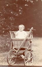 BJ048 Vintage Photo Card RPPC Child Baby Headband Antique Cart Toy