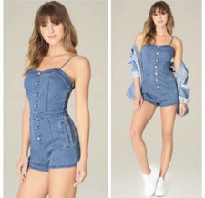 Women's Bebe Denim Jean Blue Button Front Romper Medium Sz 10