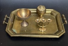 Miniature Brass Tray with 2 3 Branch Candlestick Cups & Covered Pot