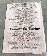 ANTIQUE PLAY POSTER Handmade Paper PLAYBILL, "Pizarro" "Timour the Tartar" 1811