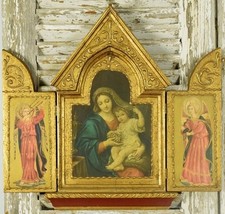 Large Vintage Religious Wood Triptyque, Altar, Icon, Virgin Mary, Jesus, Angels