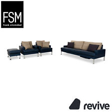 FSM Clarus Cuir Canapé Trois Places Pouf Bleu Marron Fonction Manuelle