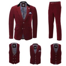 Hommes Bordeaux Velours Vintage 3 Pièce Costume Blazer Gilet Pantalon Vendu