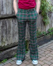 Pantalon À Pattes D'Éléphant Tartan Vert Style Années 70