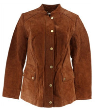 Veste de campagne femme en cuir véritable daim marron cognac vintage classiqu...