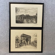 2 Vintage Dufza Burin Original Etching Le Pont Neuf Arc de Triomphe Paris Signed