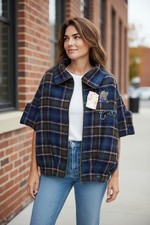 Desigual Femmes Manteau EU44 Bleu Laine Mélange Tartan à Carreaux Ample Kimono