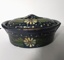 Antique Baeckeoffe Terrine Blue Alsatian Varnished Sandstone Flower Decor