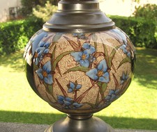 Antique Lunéville Earthenware and Embossed Enamel Kerosene Lamp, Works.
