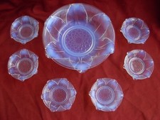 EZAN,ANTIQUE FRENCH ART DECO OPALESCENT GLASS DESSERT,NENUPHAR LEAVES,SIGNED.