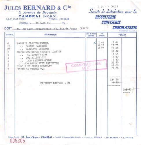 Facture 1965 jules bernard a - ,